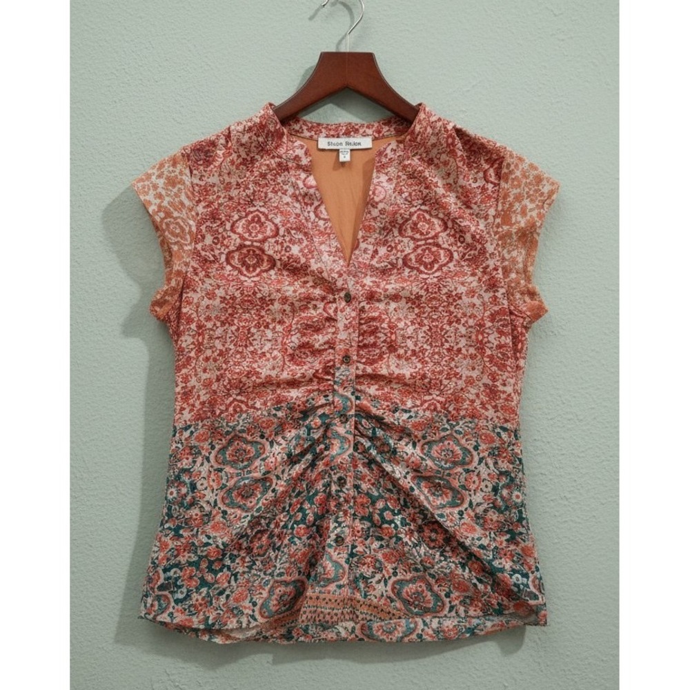 Black Rainn Boho Paisley Ruched Button Front Cap Sleeve Blouse Small Orange Teal
